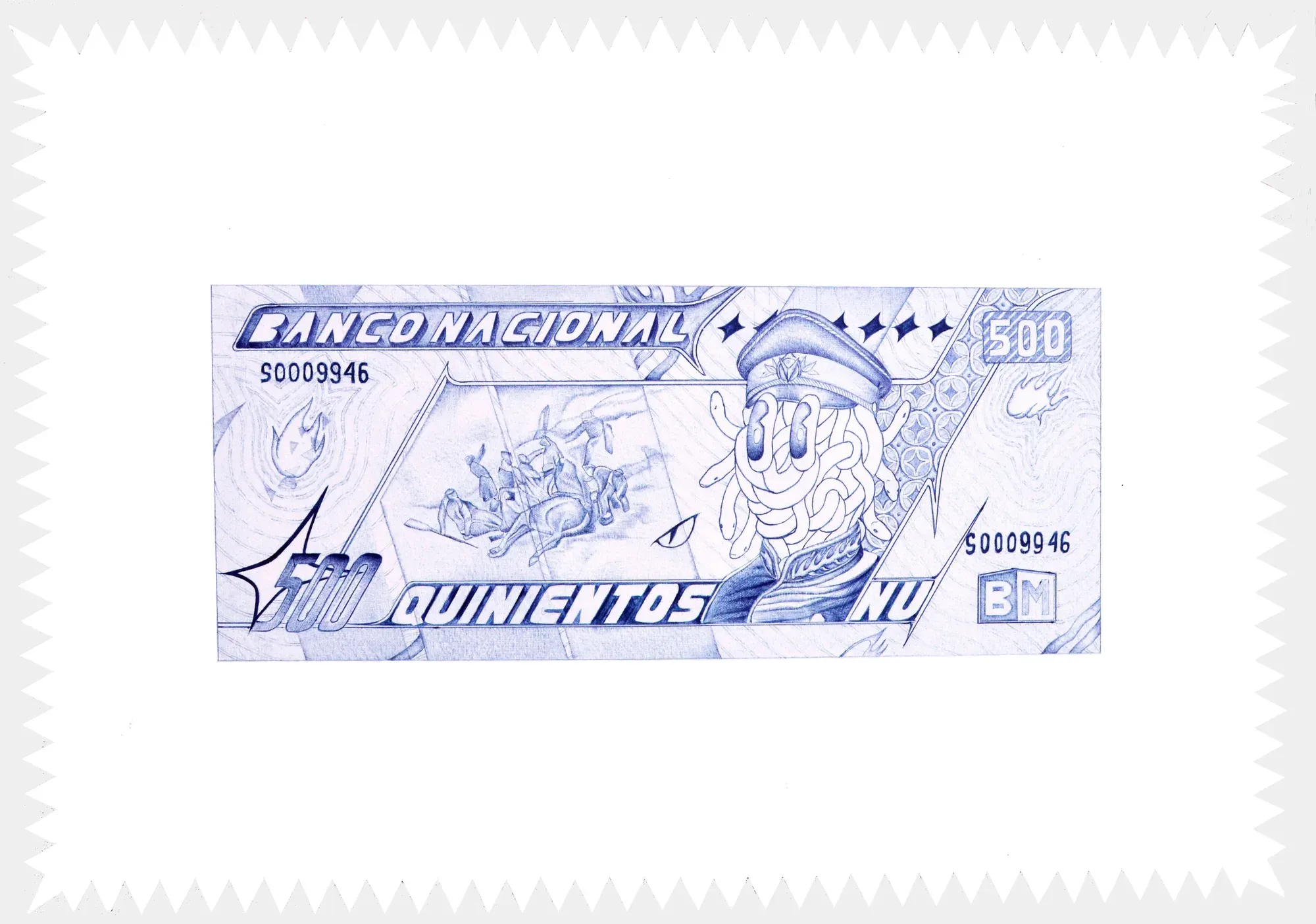 Counterfeit bill, Bic pen on paper, by Eduardo Pavón